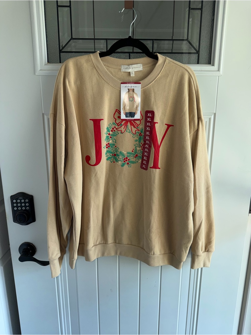 State of Mind Tan Holiday Sweatshirt with Red & Green JOY Wreath